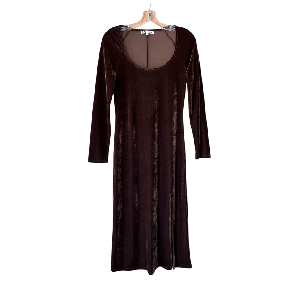 Reformation Finneas Midi Dress Chocolate Brown Velvet Long Sleeve Women's Size M